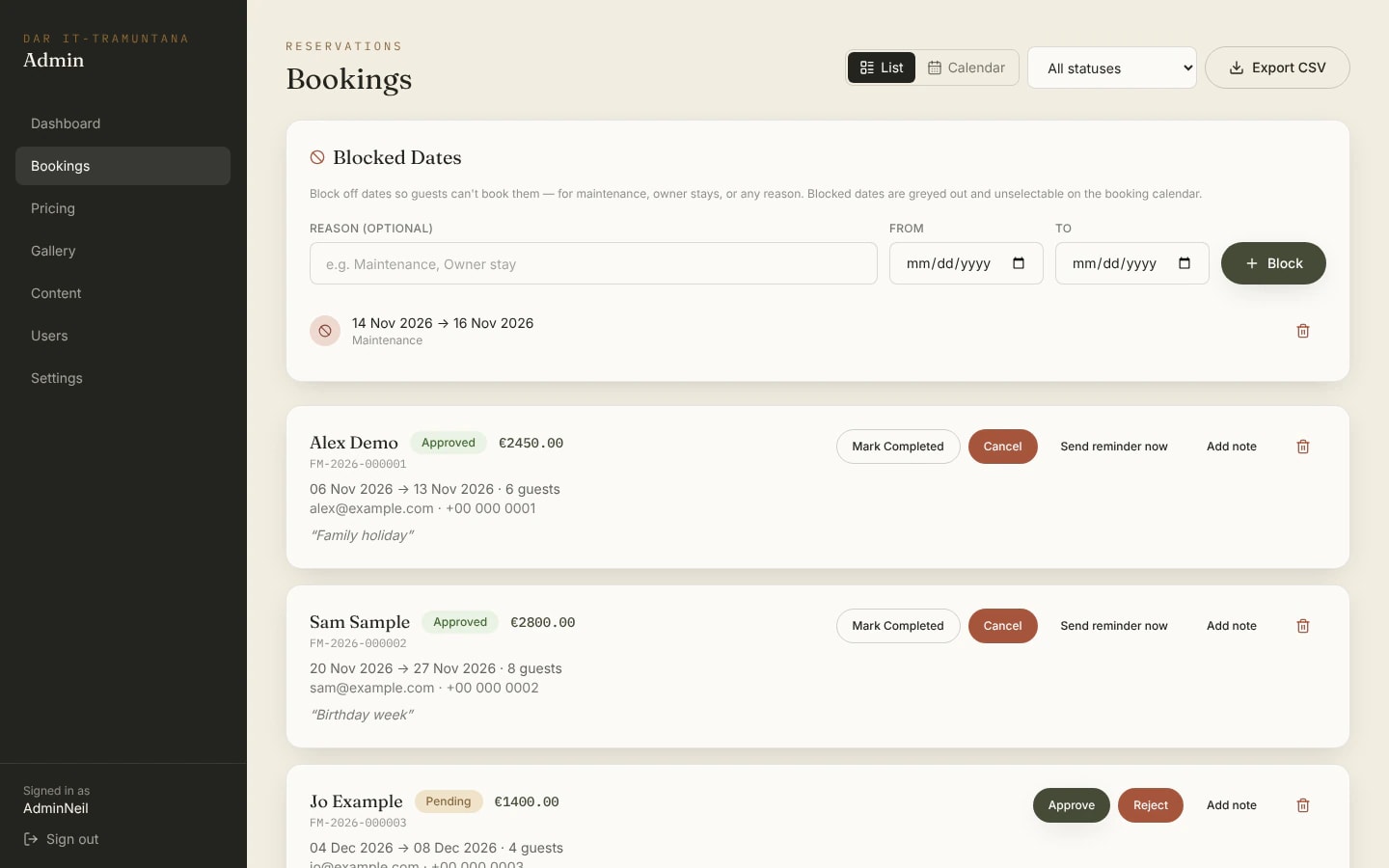 admin bookings