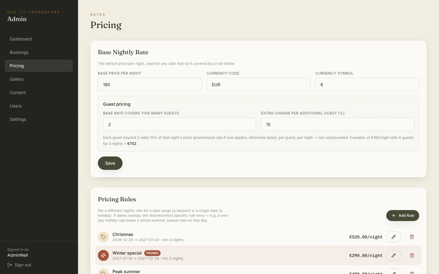 admin pricing